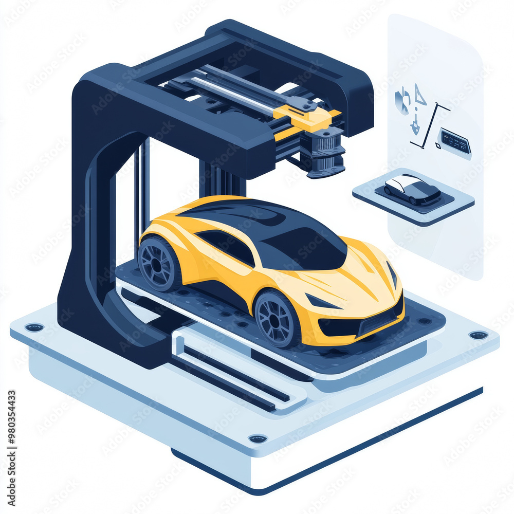 Poster 3d prototyping and printing of a car using a large industrial 3d printer. features an abstract conce
