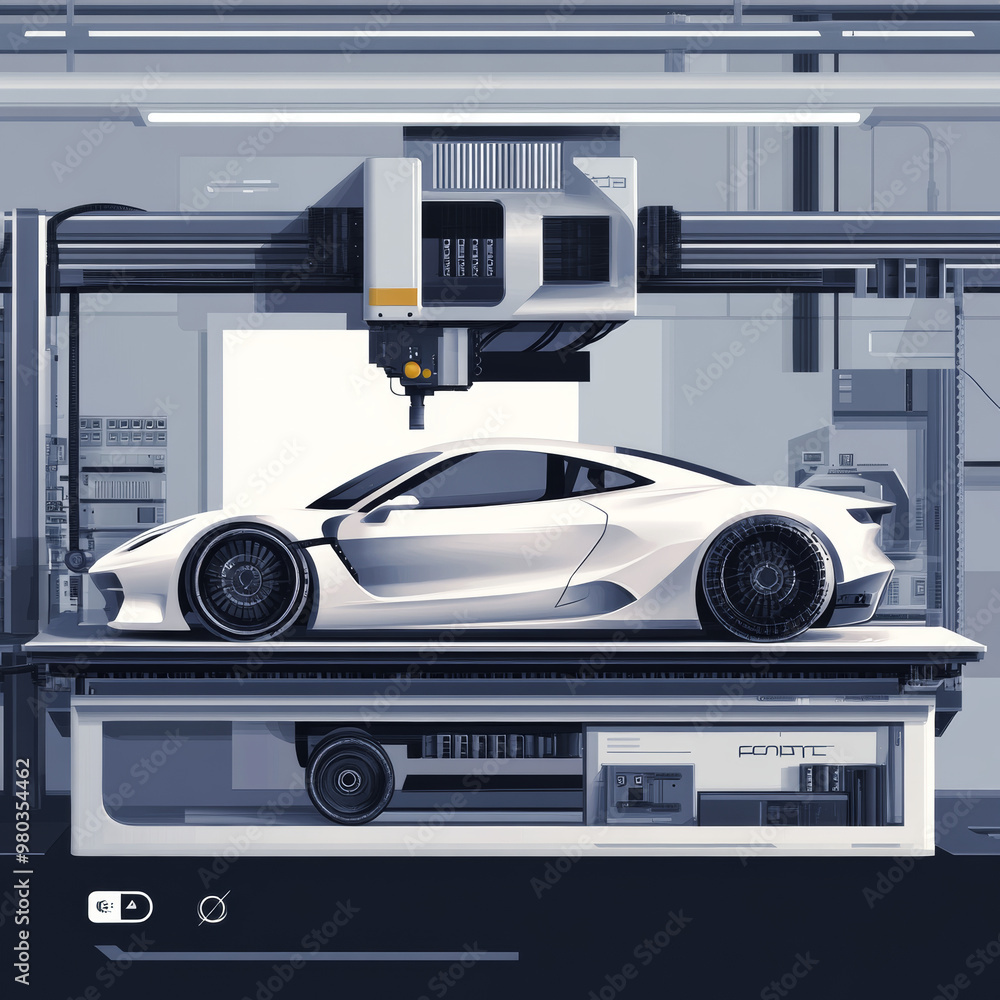 Poster 3d prototyping and printing of a car using a large industrial 3d printer. features an abstract conce