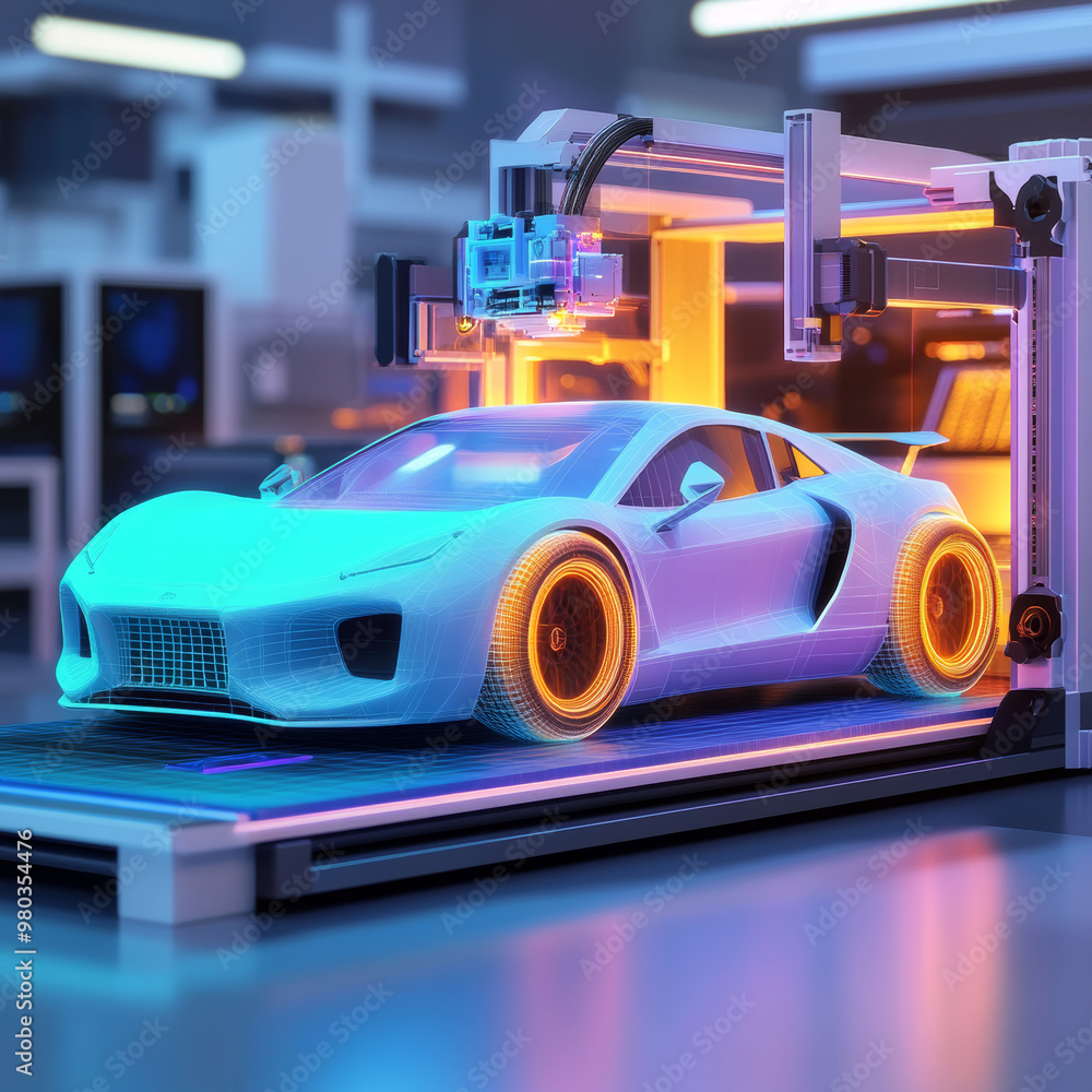 Poster 3d prototyping and printing of a car using a large industrial 3d printer. features an abstract conce