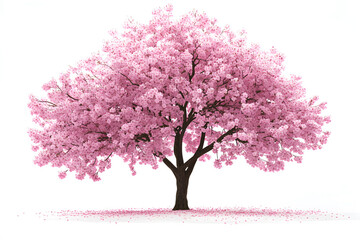 Sakura tree with pink blossoms stands alone against a white background
