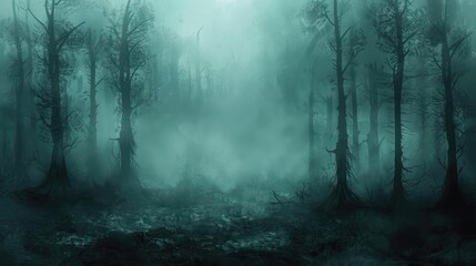 Obraz premium Mysterious foggy forest with tall, bare trees, creating an eerie and atmospheric scene.