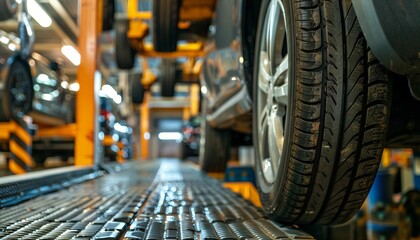Fototapeta premium Automobile repair shop with focus on a single car tire