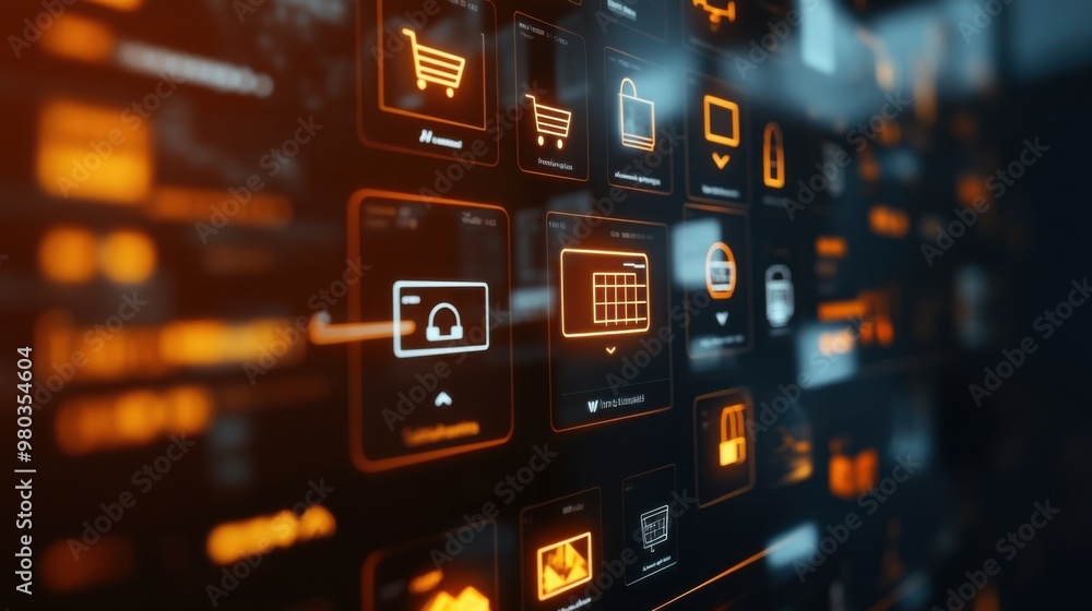 Poster streamlined e-commerce user interface with glowing icons for an enhanced online shopping experience