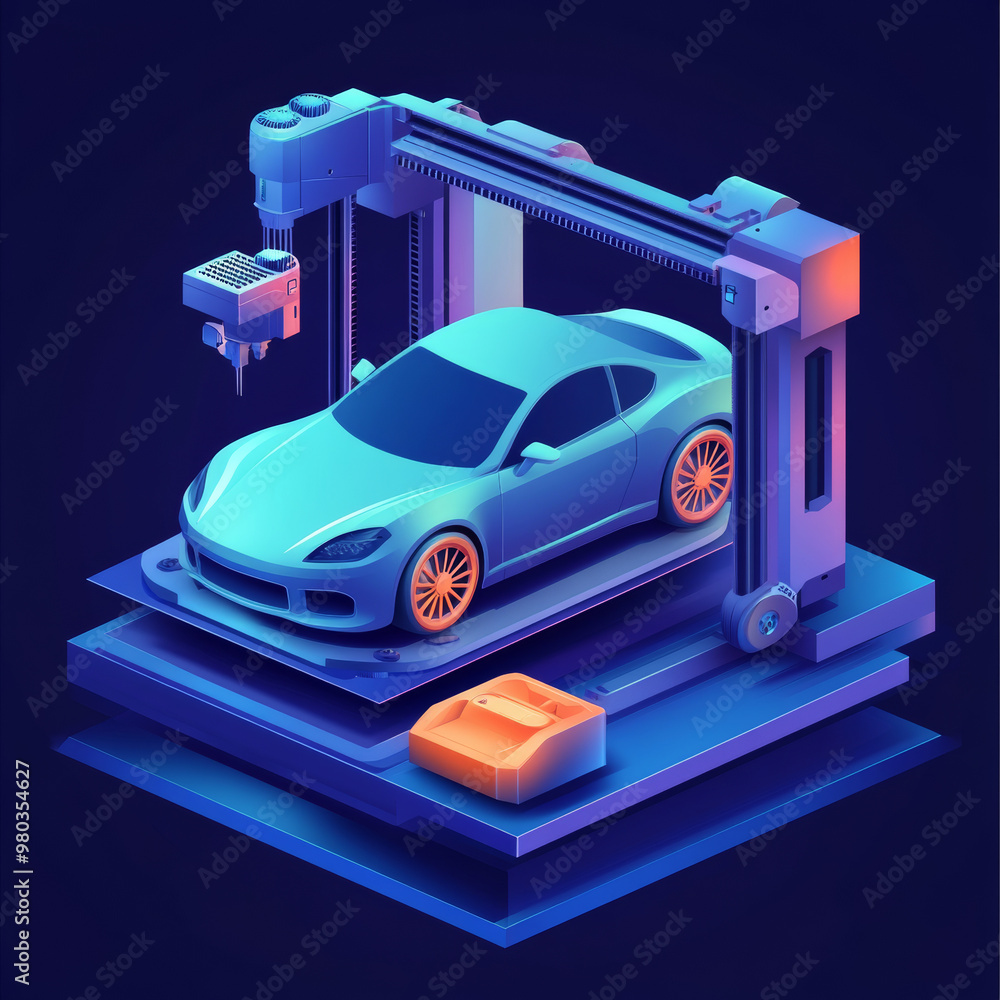 Poster 3d prototyping and printing of a car using a large industrial 3d printer. features an abstract conce
