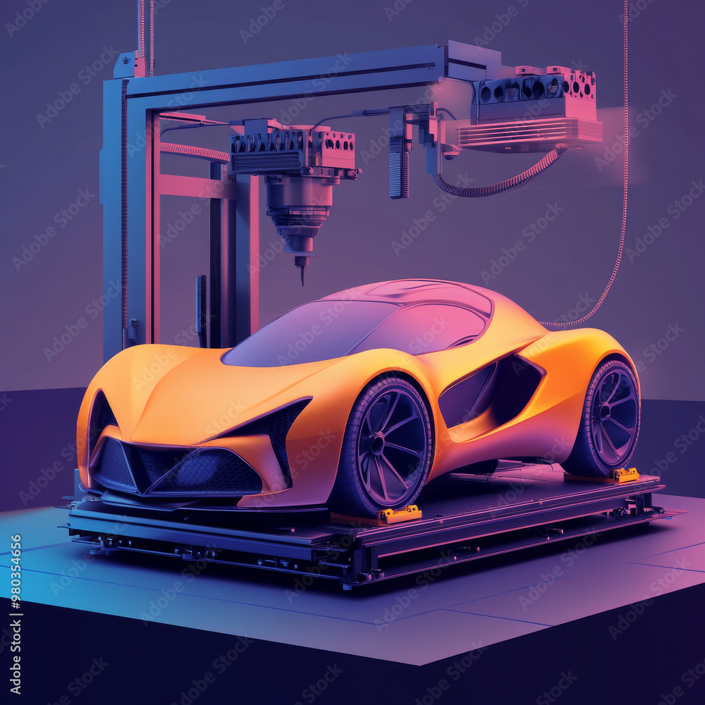 Poster 3d prototyping and printing of a car using a large industrial 3d printer. features an abstract conce