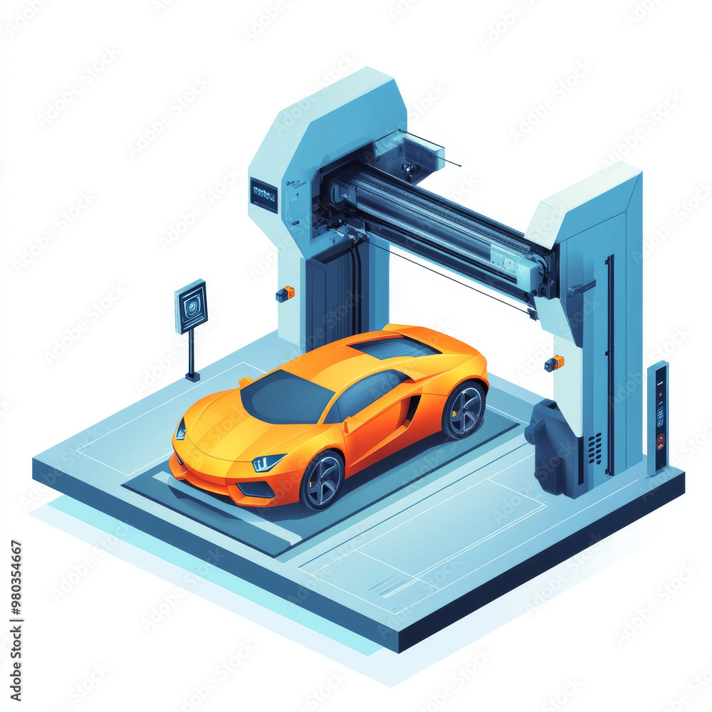 Poster 3d prototyping and printing of a car using a large industrial 3d printer. features an abstract conce
