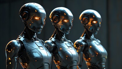 Triumvirate of Humanoid Robots Symbolizing AI, Technological Advancement, and Humanitys Future Against a Dark Backdrop