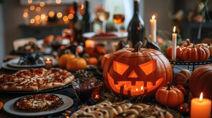 Spooky Halloween table setting with carved pumpkins, candles and wine.