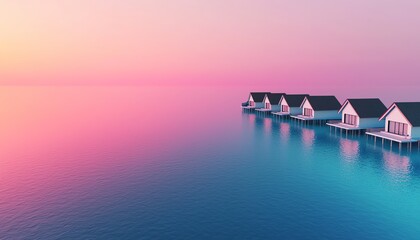 Obraz premium Serene overwater bungalows at sunrise, surrounded by calm waters and atmospheric pastel colors, creating a tranquil retreat.