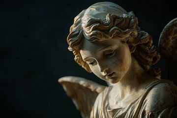 A finely crafted angelic figure emerges in gentle light, accentuating its delicate details against a rich, shadowy backdrop.