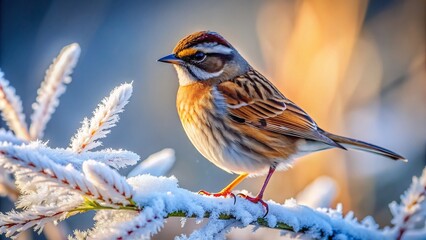 Fototapeta premium Vibrant accentor bird perched on frosty winter branch, showcasing striking white eyebrow stripes, crimson crown, and soft brown plumage in sharp morning light.