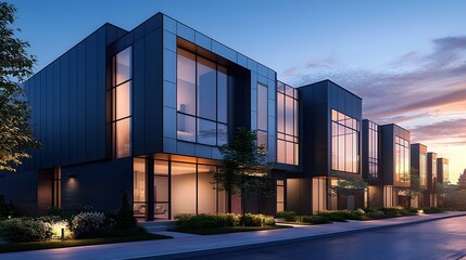 Fototapeta premium Sleek Modern Townhouse with Metallic Facade and Glass Accents at Dusk