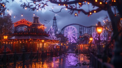 Obraz premium A magical amusement park at night with twinkling lights and a Ferris wheel.