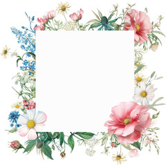watercolor floral frame with a variety of colorful wildflowers,Rectangle botanical border,ideal for wedding invitations or greeting cards.