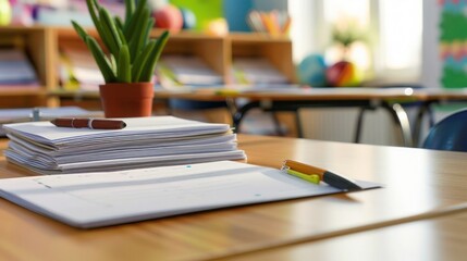 A neat stack of freshly printed worksheets on a classroom desk