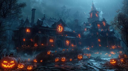 Obraz premium A spooky haunted house with glowing jackolanterns and eerie fog