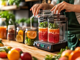 A vibrant kitchen scene featuring a person preparing fresh smoothies with fruits and vegetables in a modern blender.