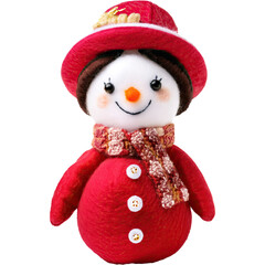 Fototapeta premium Snowgirl smile wearing red hat and red cozy sweater and red wool scarf cute doll felt
