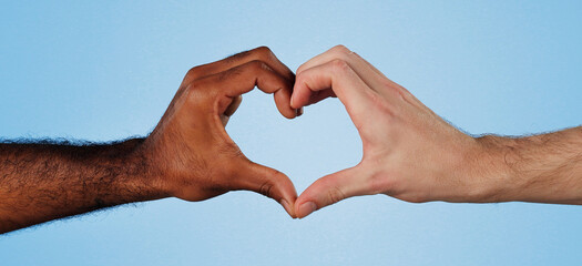 Love, sign and hands of people in studio for solidarity, diversity and collaboration together in...