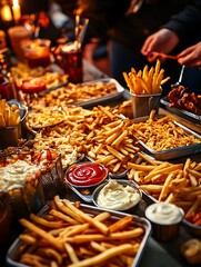 Fototapeta premium A vibrant spread of delicious French fries with various sauces, perfect for a feast or gathering with friends and family.