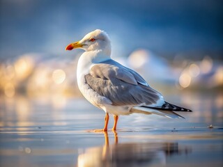 Obraz premium A solitary seagull with feathers ruffled, perched on invisible surface, soft focus, white plumage contrasted against transparent background, natural lighting, serene coastal atmosphere.
