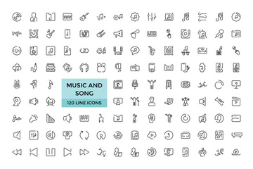 Set of outline icons related to music and song. Drum set, Guitter, Line icon collection. Editable stroke. Vector illustration