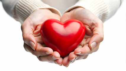 Obraz premium Two gentle hands cradling a red heart, symbolizing love, care, and compassion.