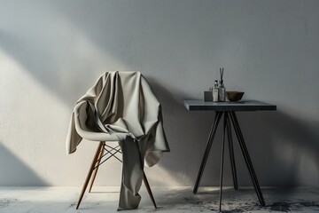 A sleek duster jacket hangs gracefully over a contemporary chair next to a minimalist table, embodying modern elegance and style.