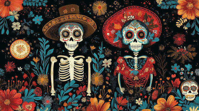 Catrinas and Sugar Skulls: A D�a de los Muertos-inspired pattern featuring elegant Catrinas (stylized skeleton figures) and intricately decorated sugar skulls, repeating in a vivid