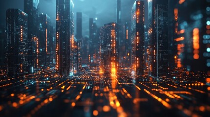 Fototapeta premium A vibrant cyberpunk cityscape illuminated by glowing lights, showcasing advanced technology and the lively atmosphere of a futuristic urban environment at night