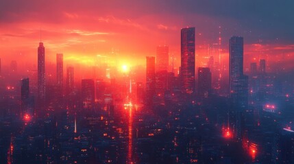 Obraz premium The bustling cyberpunk metropolis comes alive at night, featuring illuminated skyscrapers and a network of technology that reflects the energy of a high-tech future.