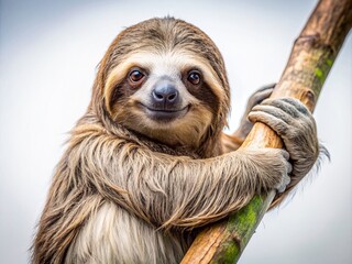 Fototapeta premium A serene sloth clings to a curved tree branch, its soft fur and gentle expression contrasting with the stark white isolated background.