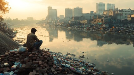 poor man pensive on dirty riverbank
