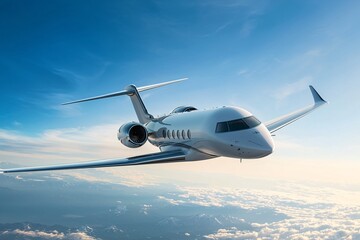 Obraz premium A streamlined aircraft soars gracefully through a pristine azure sky, highlighting its elegant engineering.
