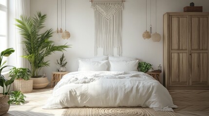 Bohemian Bedroom Decor with White Bed and Macrame Wall Hanging