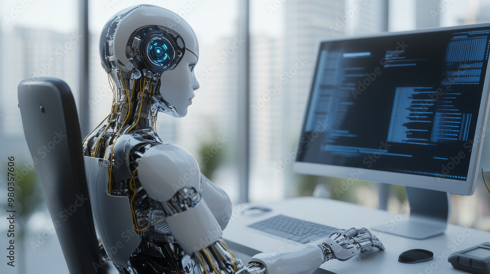 Poster 3d robot woman with ai using a computer at a desk. a cyborg girl seated in a chair at a powerful des