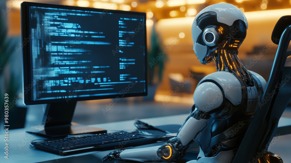 Poster 3d robot woman with ai using a computer at a desk. a cyborg girl seated in a chair at a powerful des
