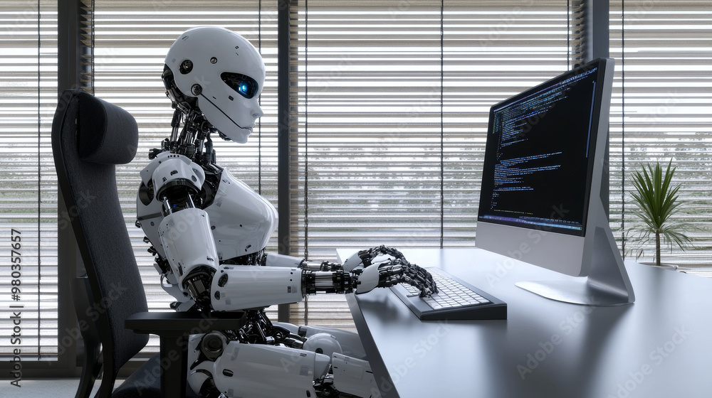 Poster 3d robot woman with ai using a computer at a desk. a cyborg girl seated in a chair at a powerful des