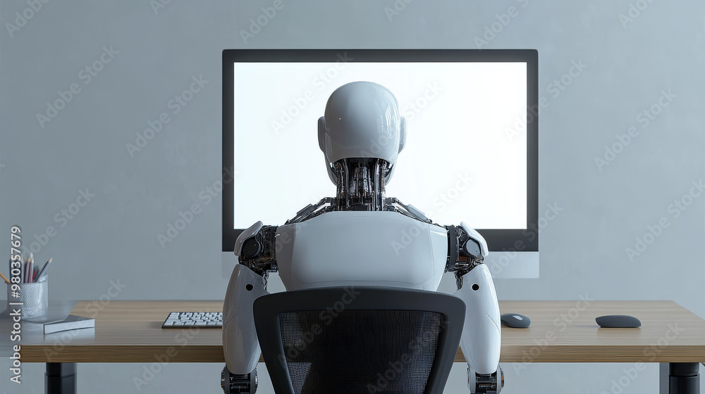 Poster 3d robot woman with ai using a computer at a desk. a cyborg girl seated in a chair at a powerful des