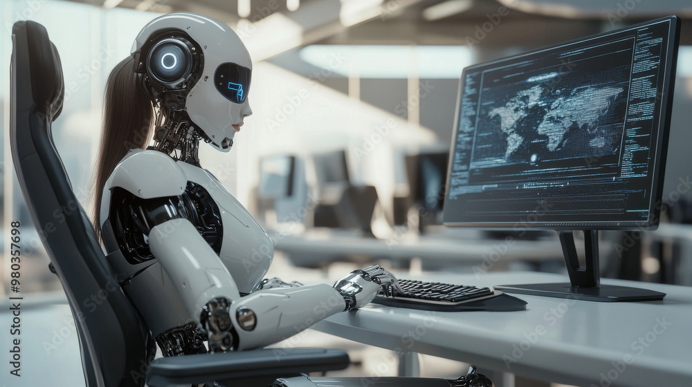 Poster 3d robot woman with ai using a computer at a desk. a cyborg girl seated in a chair at a powerful des