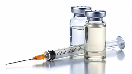 Two vials of essential medication next to a syringe, this isolated on white background.