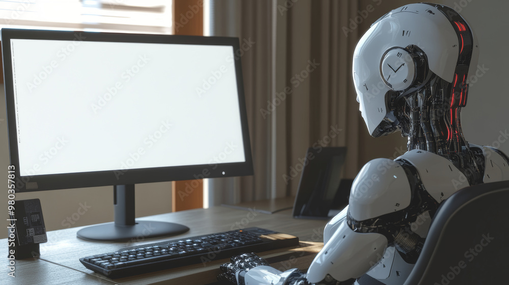 Poster 3d robot woman with ai using a computer at a desk. a cyborg girl seated in a chair at a powerful des