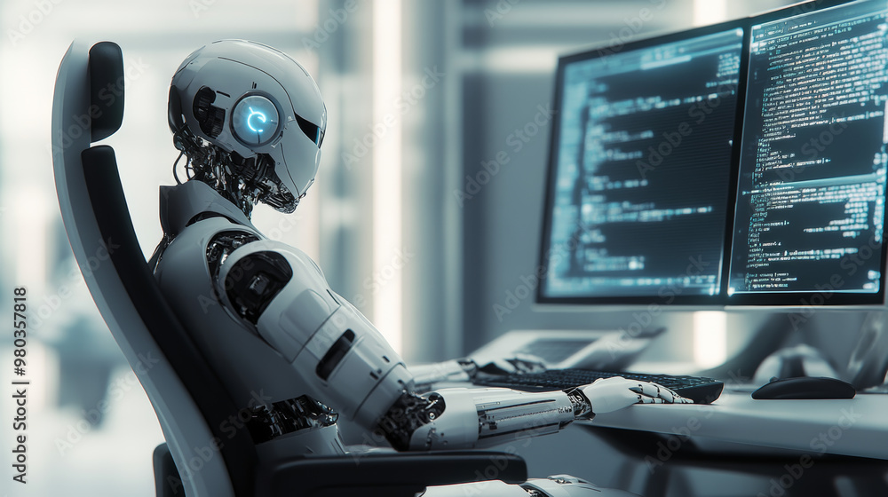 Poster 3d robot woman with ai using a computer at a desk. a cyborg girl seated in a chair at a powerful des