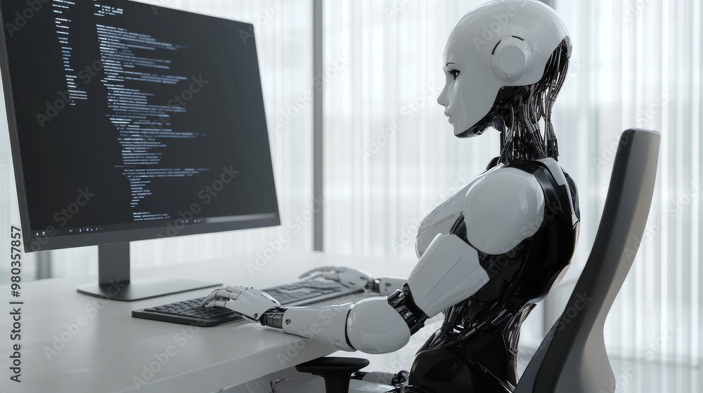 Poster 3d robot woman with ai using a computer at a desk. a cyborg girl seated in a chair at a powerful des