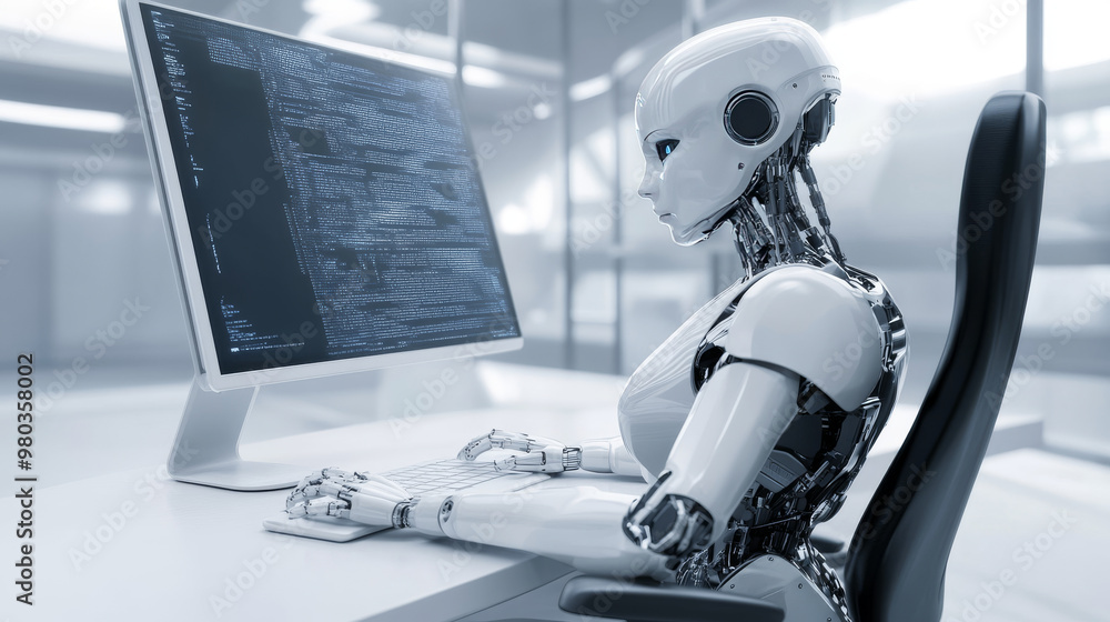 Poster 3d robot woman with ai using a computer at a desk. a cyborg girl seated in a chair at a powerful des
