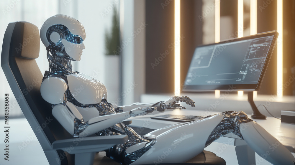Poster 3d robot woman with ai using a computer at a desk. a cyborg girl seated in a chair at a powerful des