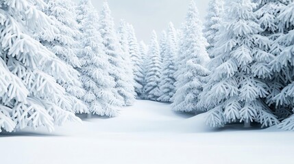 A serene winter landscape featuring snow-covered trees and a tranquil pathway, evoking a peaceful and frosty atmosphere.
