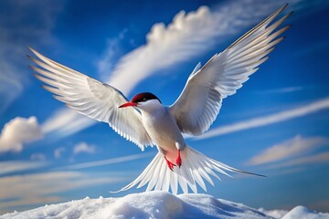 Majestic Arctic Tern in flight, snowy white feathers contrasting against brilliant blue sky, wings outstretched, bird's black cap and orange beak vividly showcased.