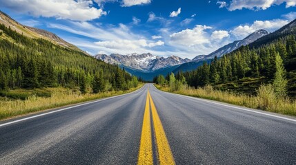 Fototapeta premium Scenic mountain road winding through lush alpine landscape with majestic peaks in the distance