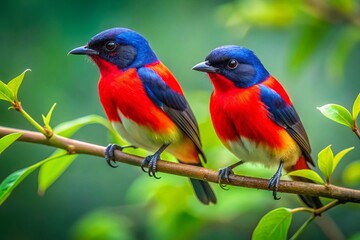 Obraz premium Vibrant scarlet breasted flowerpecker birds perch gracefully on a tree branch, showcasing their striking scarlet hue amidst lush green foliage in elegant harmony.